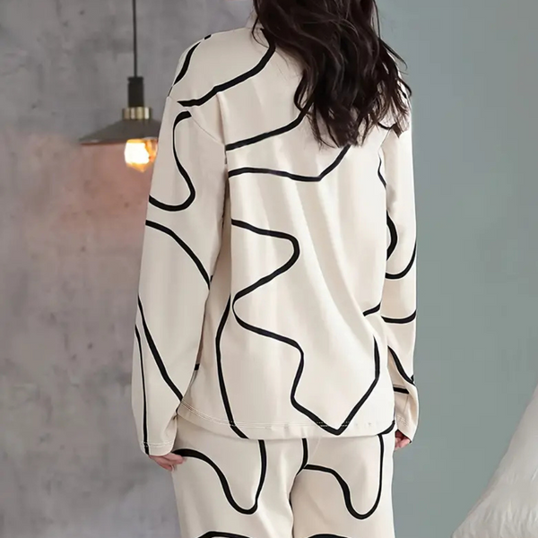 Ensemble pyjama 2 pièces - élégance en crème et noir avec motif abstrait pour femmes