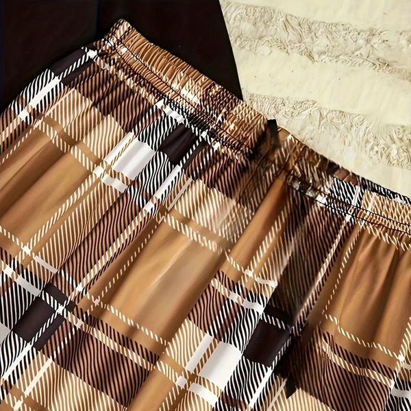 Ensemble pyjama noir 2 pièces pour femmes - haut col rond avec pantalon à carreaux