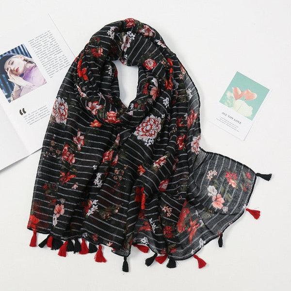 Étole en pashmina fleuri avec franges - châle élégant pour femmes