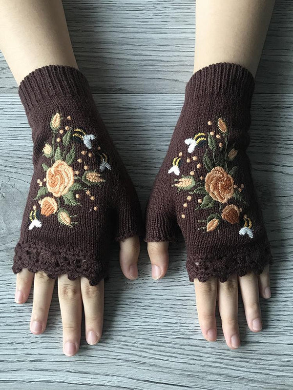 Gants à mi-doigts - gants en laine avec broderie abeille et fleur pour dames
