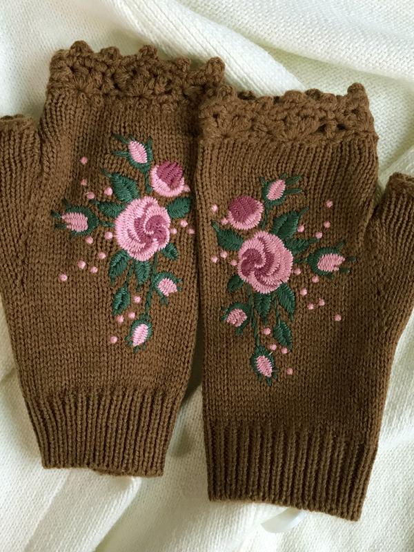 Gants à mi-doigts - gants en laine avec broderie abeille et fleur pour dames