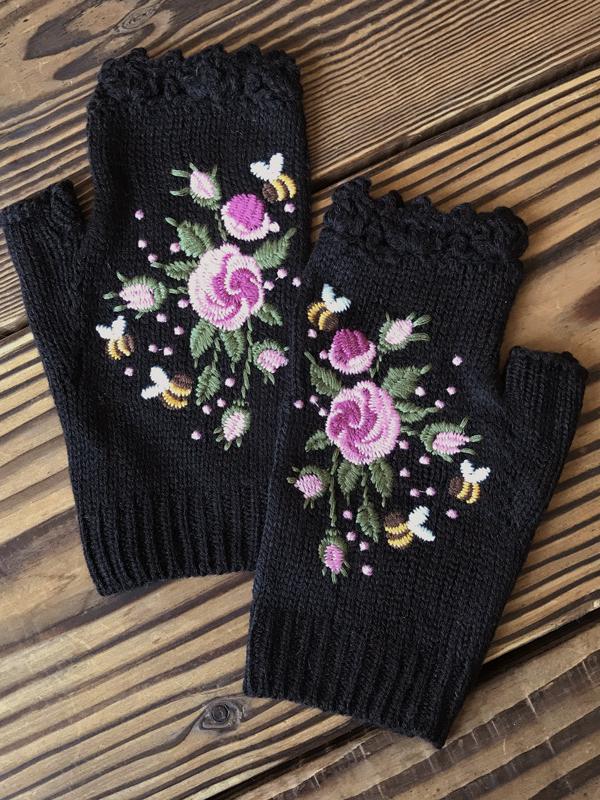 Gants à mi-doigts - gants en laine avec broderie abeille et fleur pour dames