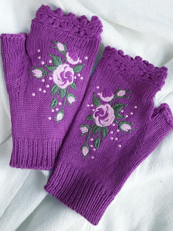 Gants à mi-doigts - gants en laine avec broderie abeille et fleur pour dames