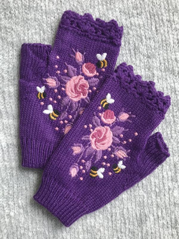Gants à mi-doigts - gants en laine avec broderie abeille et fleur pour dames