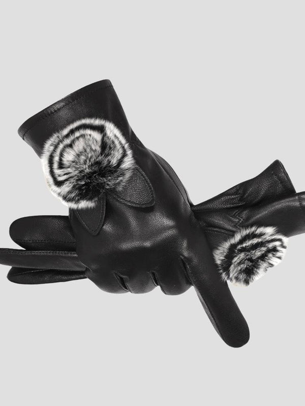 Gants en similicuir (PU) tactile - gants noirs pour femmes avec détail en fourrure