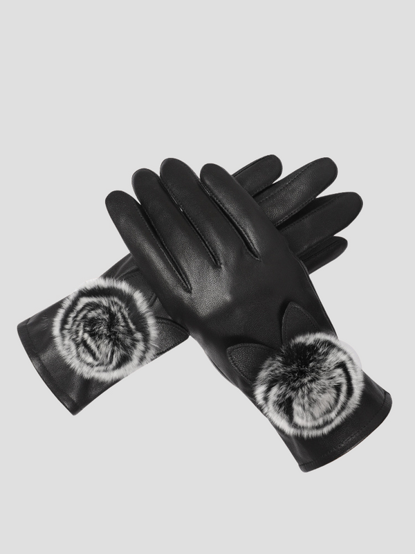 Gants en similicuir (PU) tactile - gants noirs pour femmes avec détail en fourrure