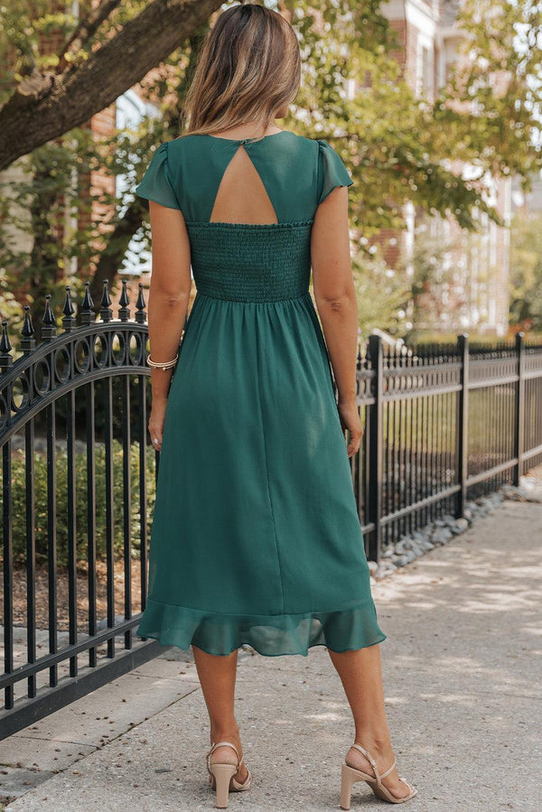 Robe midi vert d'eau - élégante robe féminine avec ourlet volumineux