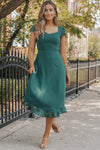 Robe midi vert d'eau - élégante robe féminine avec ourlet volumineux