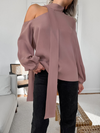 Chemisier asymétrique long à manches pour femmes - blouse en satin avec noeud à nouer pour un look décontracté ou chic