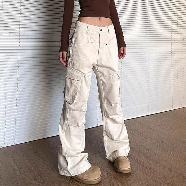 Pantalons cargo femme ample couleur beige clair - style décontracté pour le quotidien avec poches spacieuses