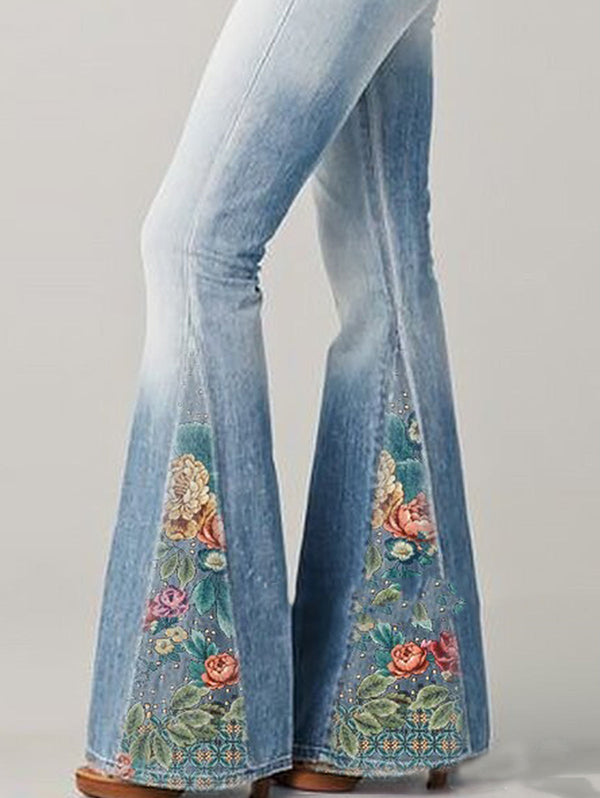Jeans évasés avec imprimé floral vintage - pantalons en denim tendance pour femmes