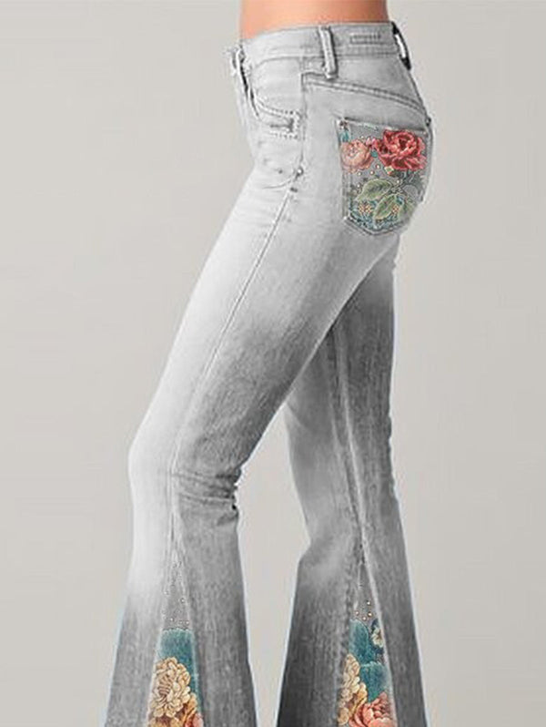 Jeans évasés avec imprimé floral vintage - pantalons en denim tendance pour femmes