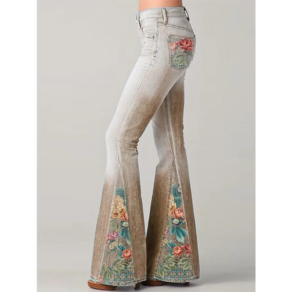 Jeans évasés avec imprimé floral vintage - pantalons en denim tendance pour femmes