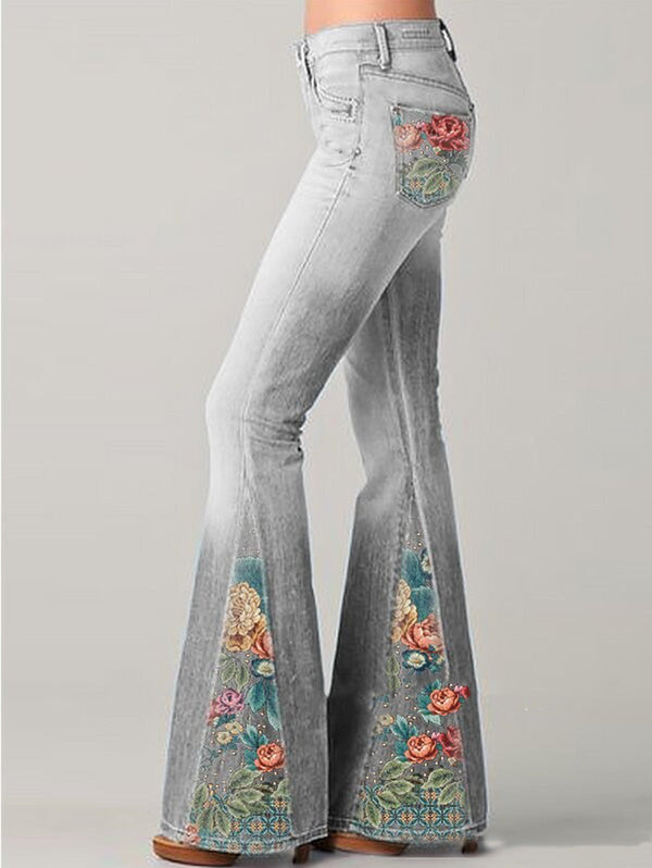 Jeans évasés avec imprimé floral vintage - pantalons en denim tendance pour femmes