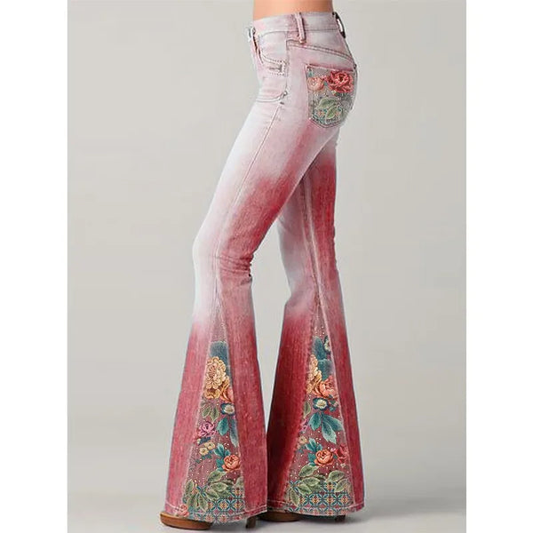 Jeans évasés avec imprimé floral vintage - pantalons en denim tendance pour femmes