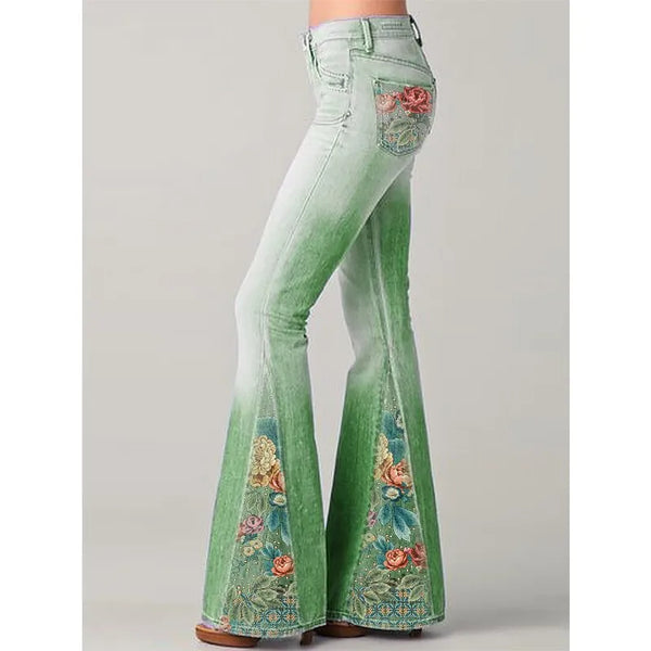 Jeans évasés avec imprimé floral vintage - pantalons en denim tendance pour femmes