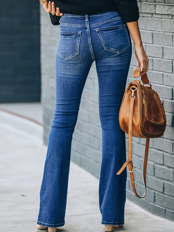Jeans flared taille haute bleu moyen pour femmes - pantalons en denim décontractés
