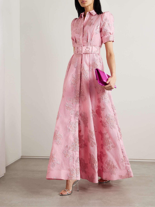 Robe longue femme à manches bouffantes - détails floraux premium en rose pour les soirées