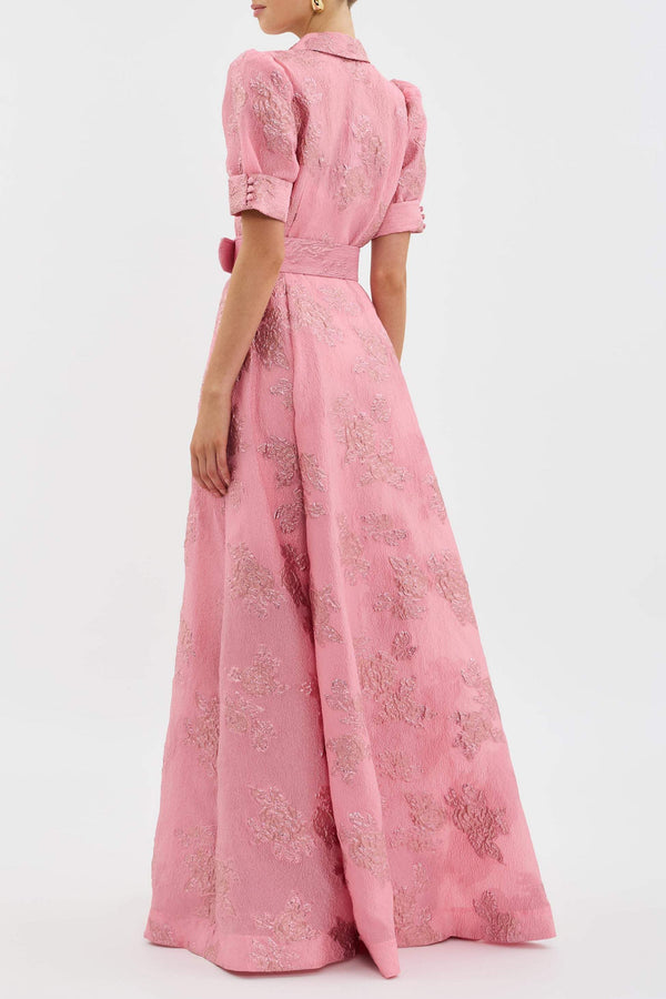 Robe longue femme à manches bouffantes - détails floraux premium en rose pour les soirées