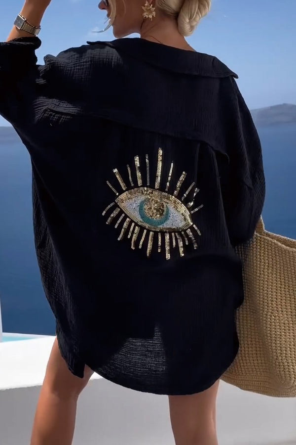 Chemise d'été légère pour femme avec motif œil - combinaison chic pour se détendre au bord de la piscine