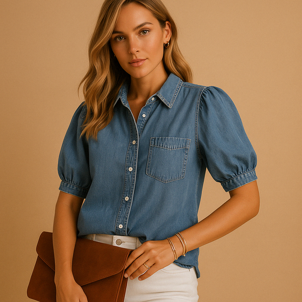 Chemisier en denim femme - blouse élégante à manches bouffantes, style décontracté en bleu apaisant