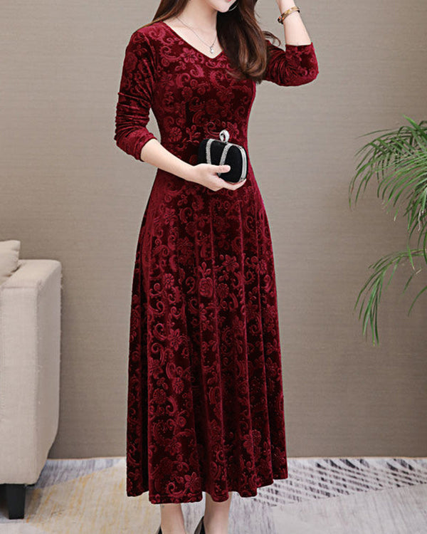 Robe en velours intemporelle - robe longue à manches pour femmes