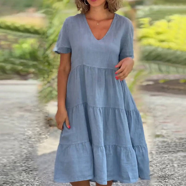 Robe décontractée à volants pour femmes - robe en lin à décolleté en v