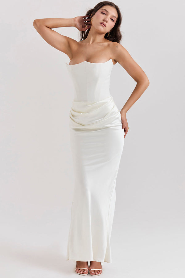 Robe cocktail corset sans bretelles teinte ivoire - silhouette ajustée élégante pour les mariages et événements formels