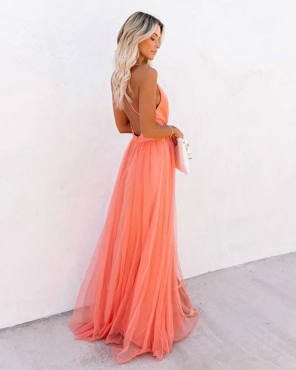 Robe de soirée femme en tulle fluide abricot - maxi élégante dos nu pour occasions spéciales