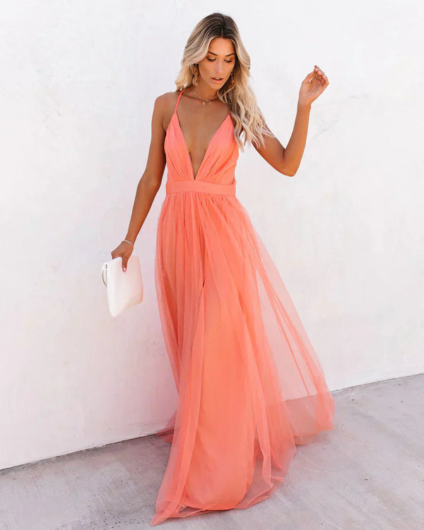 Robe de soirée femme en tulle fluide abricot - maxi élégante dos nu pour occasions spéciales