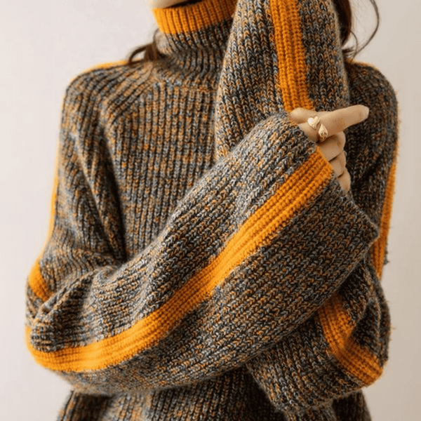 Pull col roulé en maille mélangée - sweat tendance pour femmes en marron et orange