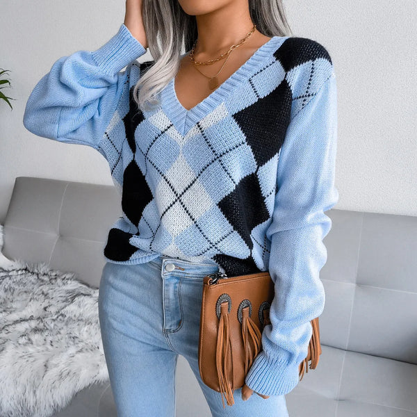 Pull en maille argyle - jumper tendance à col en v pour femmes