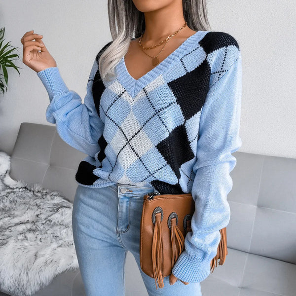 Pull en maille argyle - jumper tendance à col en v pour femmes