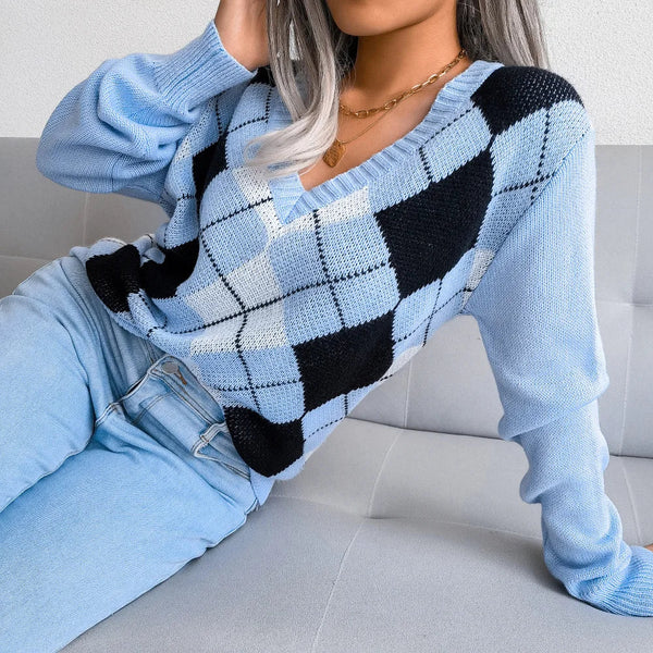 Pull en maille argyle - jumper tendance à col en v pour femmes