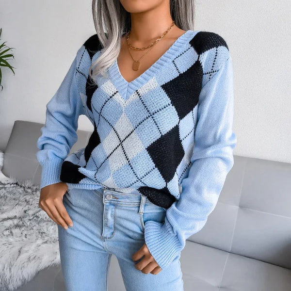 Pull en maille argyle - jumper tendance à col en v pour femmes