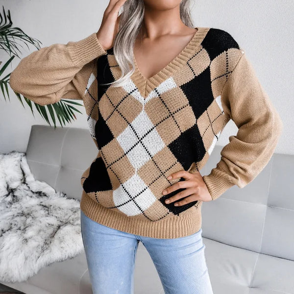 Pull en maille argyle - jumper tendance à col en v pour femmes