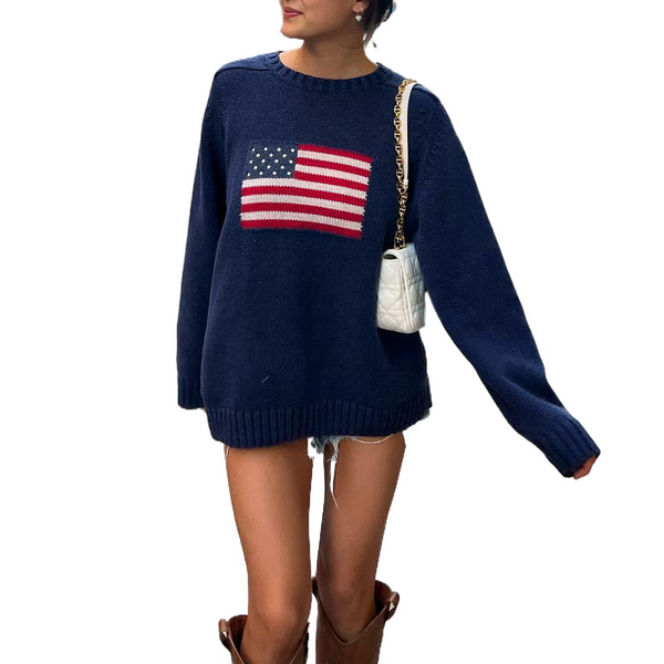 Pull tricoté avec drapeau américain - pull casual bleu marine pour femmes