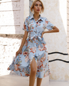 Robe chemise florale - midi sophistiquée avec ceinture à nouer pour femme