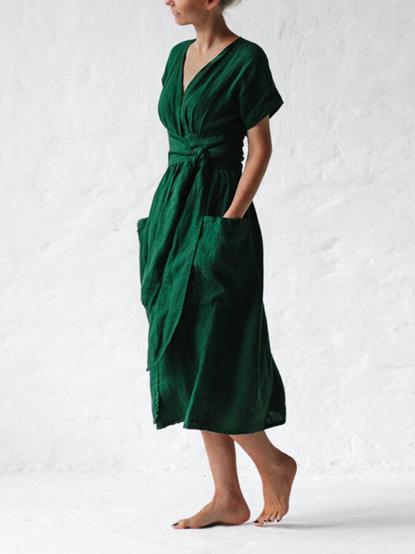 Robe en lin à nouer avec ceinture - élégante robe midi pour dames