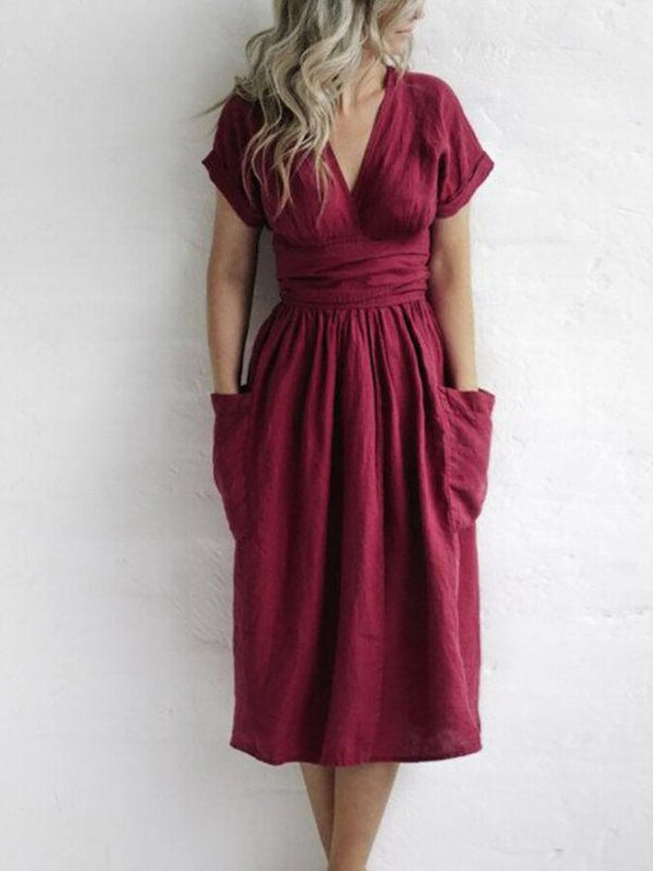 Robe en lin à nouer avec ceinture - élégante robe midi pour dames