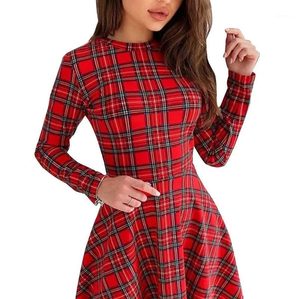 Robe en tartan rouge - robe patineuse à manches longues pour femmes