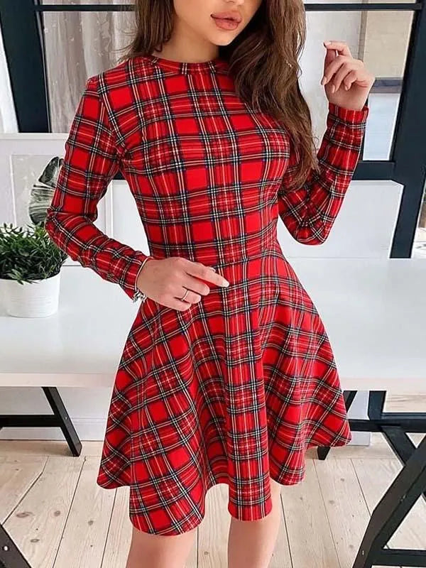 Robe en tartan rouge - robe patineuse à manches longues pour femmes