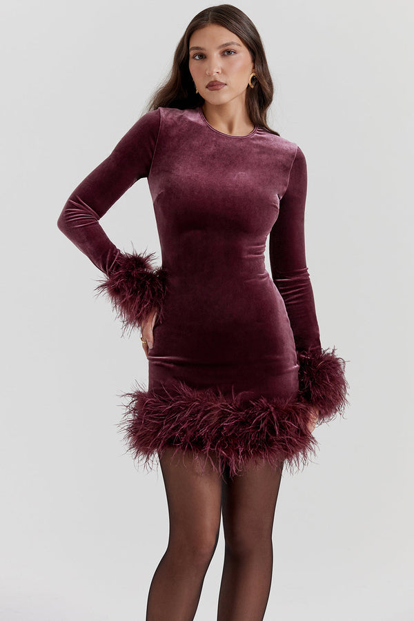 Robe en velours - mini robe élégante avec bordure en plumes