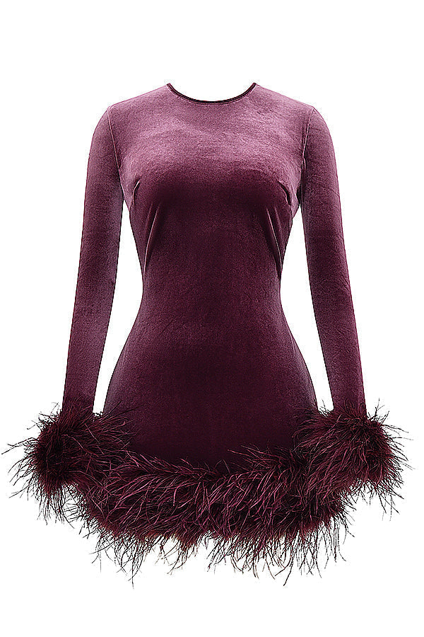 Robe en velours - mini robe élégante avec bordure en plumes