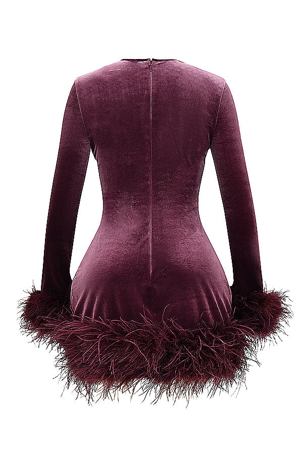 Robe en velours - mini robe élégante avec bordure en plumes