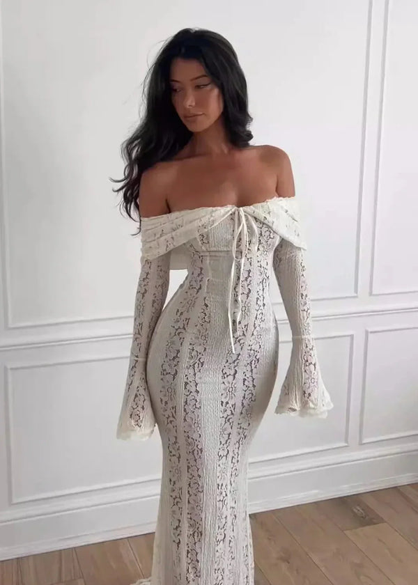 Robe fourreau en dentelle dénudée épaule - robe charmante abricot pour femmes