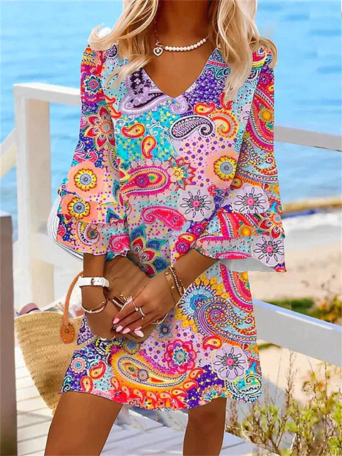 Robe imprimée multicolore - tenue décontractée pour femmes à manches courtes