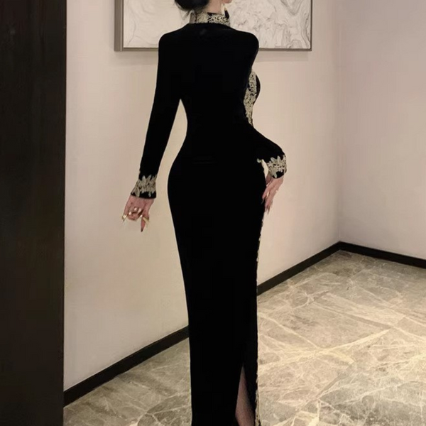 Robe longue noire pour femmes - élégante robe de soirée avec détails floraux