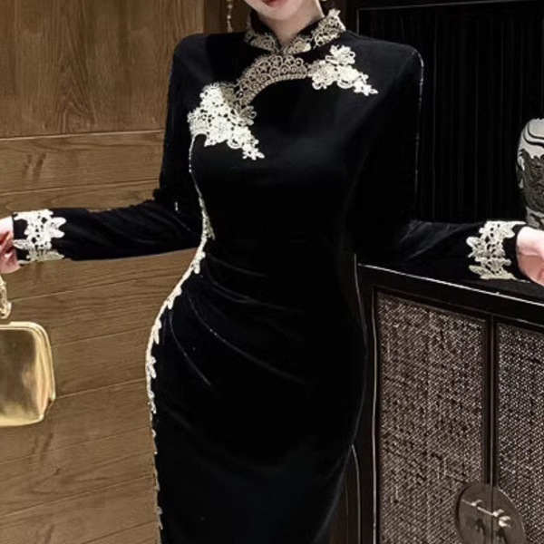 Robe longue noire pour femmes - élégante robe de soirée avec détails floraux