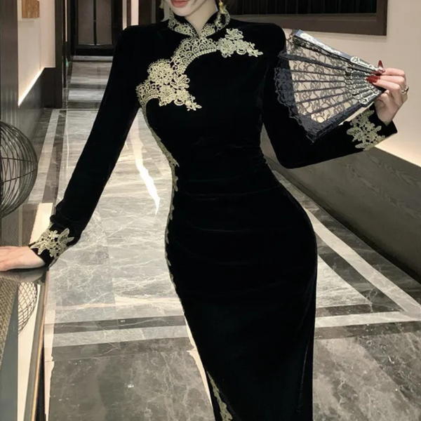 Robe longue noire pour femmes - élégante robe de soirée avec détails floraux